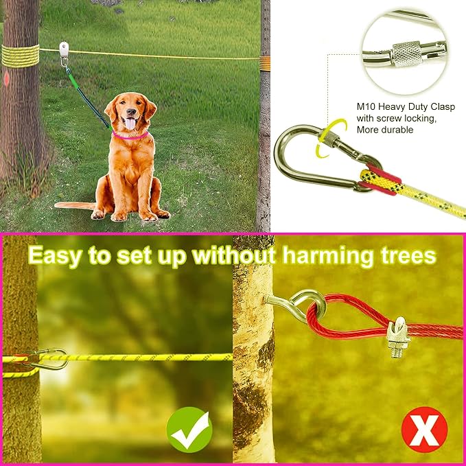 Dog Tie Out Cable for Camping, Dog Trolley System and 4ft Bungee Leash | Suitable for Dogs Up to 400lbs, Camping Yard andOutdoor Events