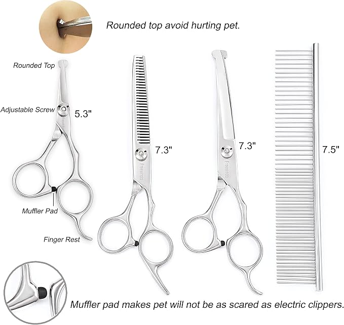 Freewindo Dog Grooming Scissors Kit - Safety Round Tip, Heavy Duty Stainless Steel Scissors and Nail Clippers for Full Body Grooming