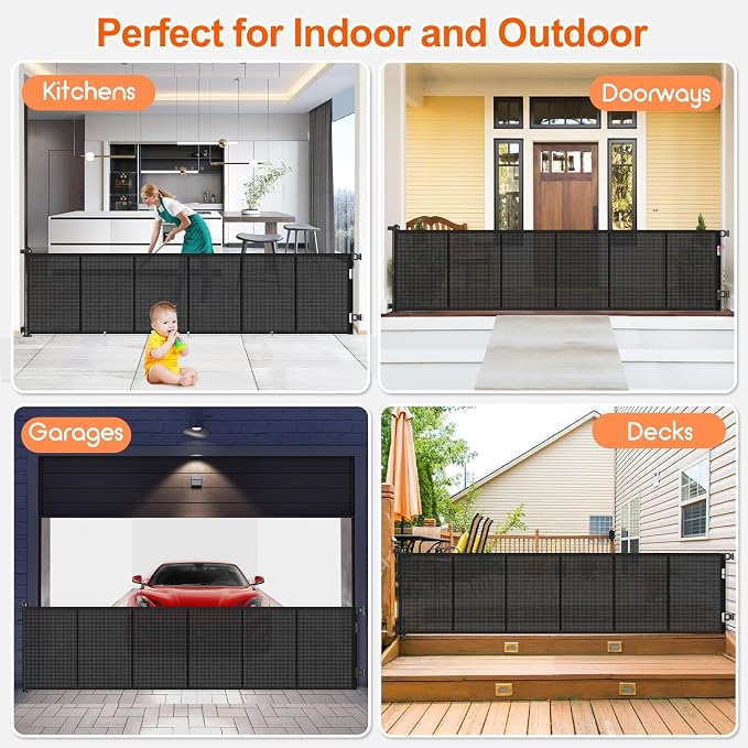 EZIGO 150 Inch Retractable Baby Gates Extra Wide Reinforced Baby Dog Gate | 34 Inch Tall Retractable Dog Gate with Reinforced Strip Mesh Safety Pet Gate for Stairs Hallway Doorway Indoor Outdoor, Black