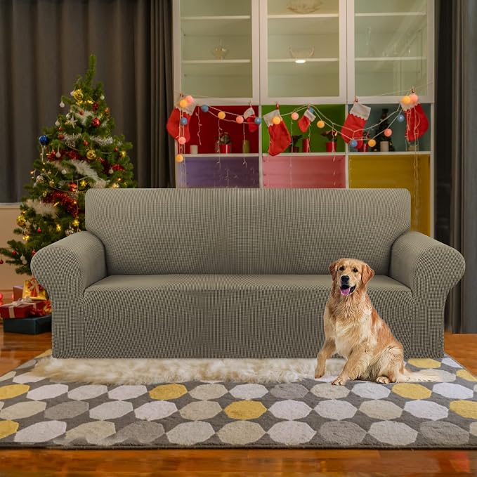Stretch Couch Covers for Sofa, 3 Cushion Couch Slipcover,Khaki | 1-Piece Washable Sofa Cover Pet Friendly(78"-94") Furniture Protector Soft Jacquard, Elastic Bottom for Dogs & Kids