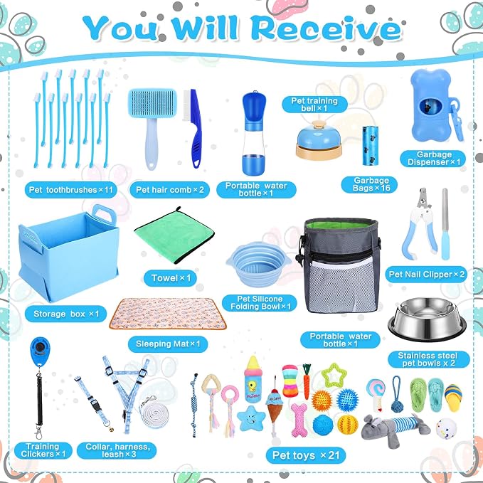 65 Pcs Puppy Supplies Starter Kit Small Dog Essentials Includes Dog Leash, Toys, Bowl, Brushes, Water Bottles, pet Blankets Puppy Accessories for New Welcome Gift Supplies(Cool,Blue)