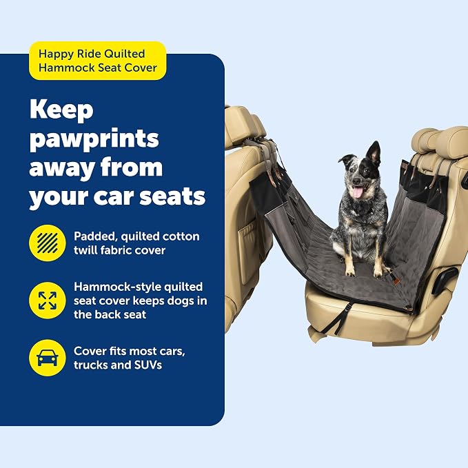 PetSafe Happy Ride Quilted Dog Car Seat Cover, Hammock, Black | Dog Hammock Seat Cover for Car, Scratch-Resistant Quilted, 4 Adjustable Headrest Straps, Nonslip Backing, Machine Washable