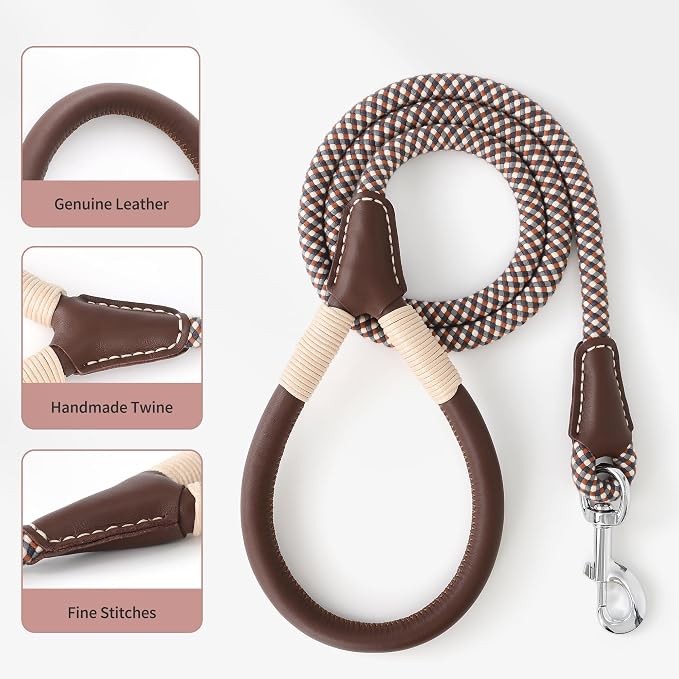 Mile High Life Dog Leash with Genuine Leather Handle, 4/5/6 FT | Comfortable Leather Grip Rope Leash, Heavy Duty 360° Swivel Metal Clasp, for Small Medium & Large Dogs (Brown Plaid, 48 Inch)