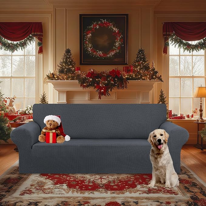 Stretch Oversized Couch Covers for Sofa Slipcover,Charcoal | 1-Piece Washable Sofa Cover (94"-110") 4-Seater Furniture Protector, Soft Jacquard Non-Slip Elastic Bottom for Dogs & Kids