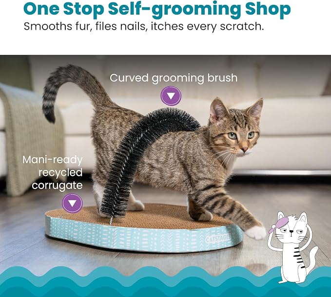 Catstages Scratch & Groom Cat Scratcher with Removable Curved Brush for Self-Grooming Station, Orange