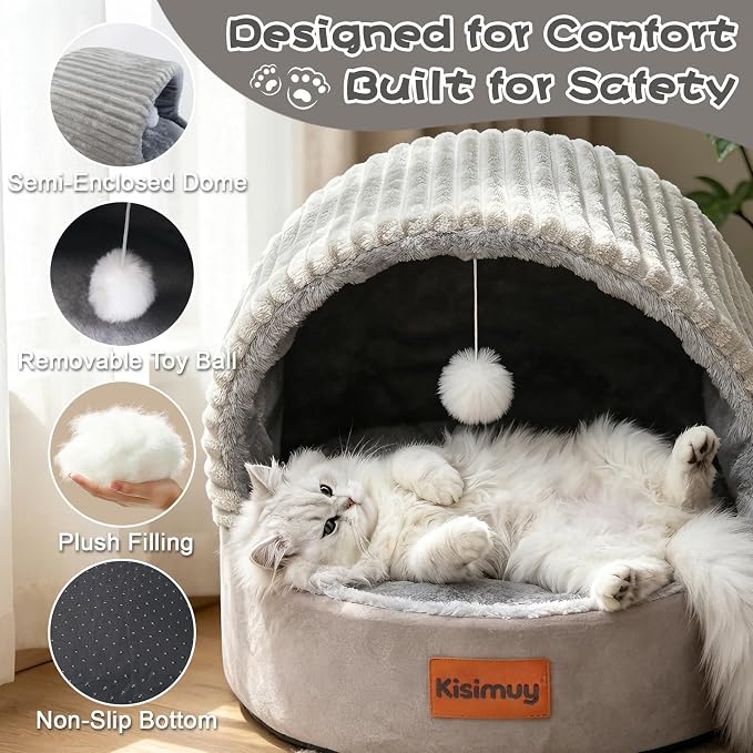 Cat Bed Cave with Pillow & Cat Toys, Cozy Cat Beds for Indoor Cats | 15.7in,Up to 10 lbs, Dual-Sided Cushion, Reversible Comfort for All Seasons, Semi-Enclosed Design, Machine Washable, Grey