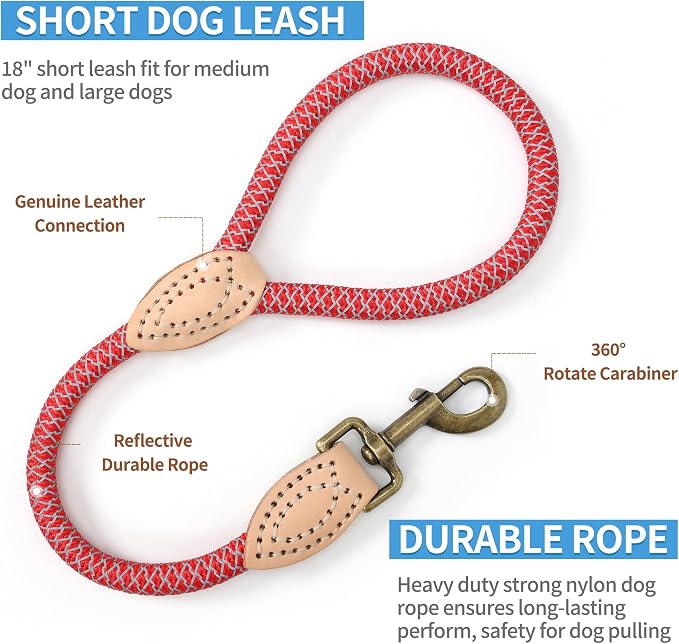 Mile High Life Short Dog Leash with Genuine Leather Connection, 4/5/6 FT | Rope Leash, Heavy Duty 360° Swivel Metal Clasp, for Small Medium & Large Dogs Walking (Red, 18 Inch)