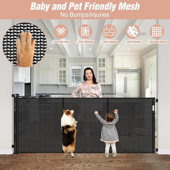 Reinforced 42" Tall x 75" Wide Retractable Baby Gate Prevent Crawling Under | Indoor/Outdoor Tall Retractable Dog Gate, Space-Saving, One-Hand Use, Scratch-Resistant Mesh, Safety Lock, Easy Install/Black