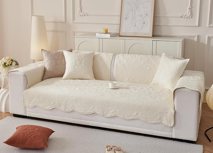 Luxury Vintage Cotton Embroidery Sofa Cover Soft Farmhouse Seat Cushion Cover Floral Quilted Sectional Couch Cover Anti-Slip Sofa Slipcovers Furniture Protector for Dogs Cats (Beige,28"x28")