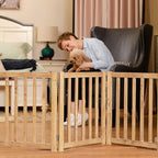 LZRS Wooden Free Standing Dog Gate 60" W x 24" H, Foldable Solid Hardwood Pet Safety Fence for House Doorways, Stairs, Hallways, Step-Over Pet Barrier, No Drill Easy Setup, Natural