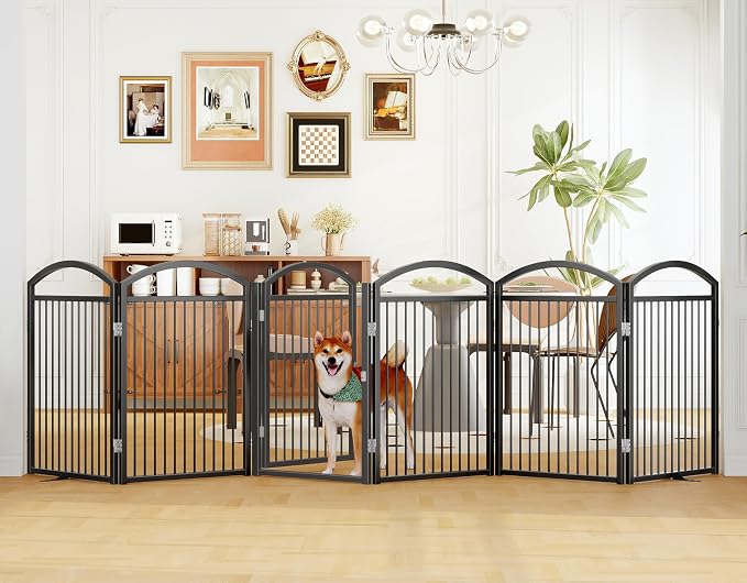 Folding Pet Fence 144" Wide, 32" Tall,Freestanding Dog Gate with Door,Black | 6 Panels No-Assembly Metal Pet Fence Walk Through,Extra Accordion Puppy Folding Playpen for Doorways, Stairs,House