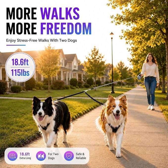 Double Retractable Dog Leash for Two Dogs Up to 115 lbs - 18.6 ft Coupler Leashes for Small Medium Dogs - One Locked System, Non Slip Grip, Tangle Free (Grey)