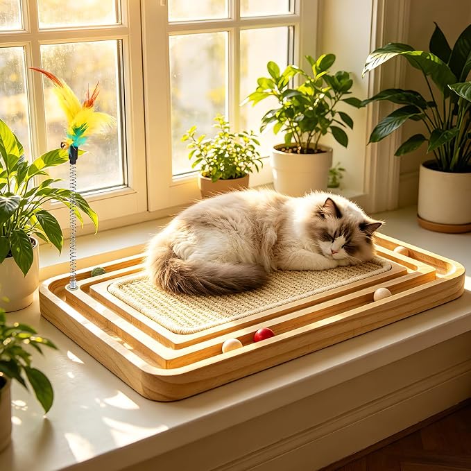 Cat Scratcher, Sisal Cat Scratcher Toy with Ball Track Spring Ball, Wooden Interactive Toy for Indoor Cats and Kittens Chasing Hunting Mental Physical Exercise Puzzle