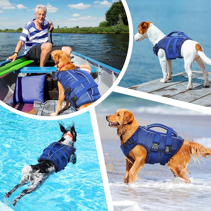 Kuoser Dog Life Jacket, High Flotation Reflective Dog Life Vest, Navy, M | Adjustable Dog Lifejackets for Small Medium Large Dogs, Lifevest with Rescue Handle for Swimming, Boating, Lake, Beach & Pool
