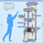 Hey-brother Cat Tree Tower with Extra Large Platform and Basket, MPJ080W | 71.7 Inches Scratching Posts with Specious Condo, 2 Cozy Hammocks, Scratch Board for Indoor Adult Cats, Maine Coon Light Gray