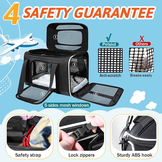 Petskd Top-Expandable Small Pet Carrier 17"x12"x8.5" Airline Approved | for JetBlue/Frontier/Spirit Airlines, Lockable Safety Zippers and Anti-Scratch Mesh, Soft-Sided, Pets Under 8 Lbs, Black