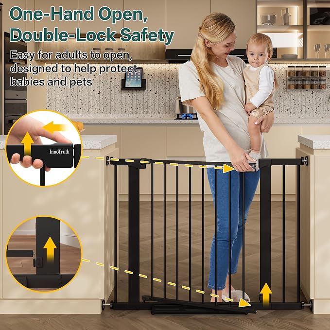 InnoTruth 29.6-39.1 in Wide Baby Gate for Stairs and Doorways, Black | Indoor Metal Dog Gate for Pets, Auto Close 2 Way Swing Walk Through Door, Double Lock & Y-Bolts, Pressure or Hardware Mount
