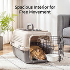 NEWBULIG 23" Hard-Sided Dog Carrier, Plastic Cat & Dog Crate, 4-Sided Ventilation Travel Pet Kennel, Top & Front Door Access, Integrated Food Bowl, for Small Pets up to 22 lbs - Beige & Grey