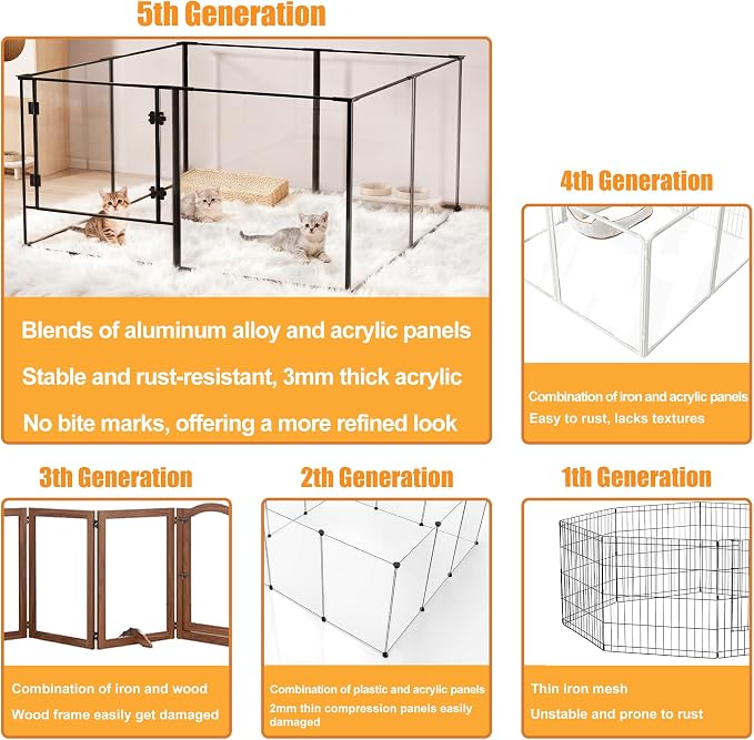 Acrylic Dog playpen Indoor: Clear Puppy Pen for Small Medium Dogs Cats with Metal Frame - 8panels 24inch Tall Transparent pet Fence with Door for Rabbits Guinea Pig