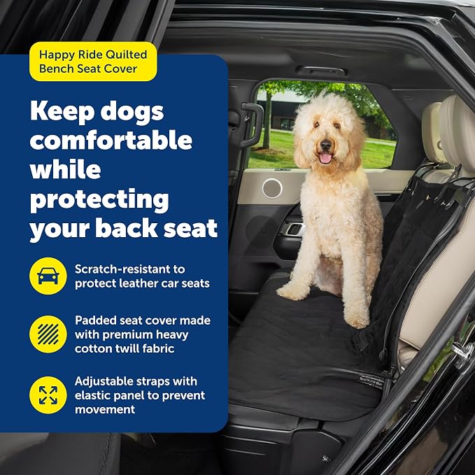 PetSafe Happy Ride Quilted Dog Car Seat Cover, Bench, Black | Seat Cover for Back Seat, Scratch-Resistant, Adjustable Straps and Elastic Panels, Machine Washable, Seatbelt Access Zippers