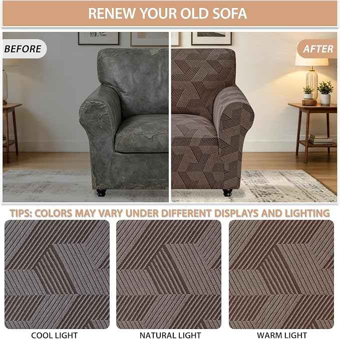 ZNSAYOTX Stretch Armchair Covers for, 1-Piece Chair Slipcovers for Living Room, Furniture Protector with Elastic Bottom for Dogs Cats Kids Geometrical Jacquard Fabric (Small, Brown)