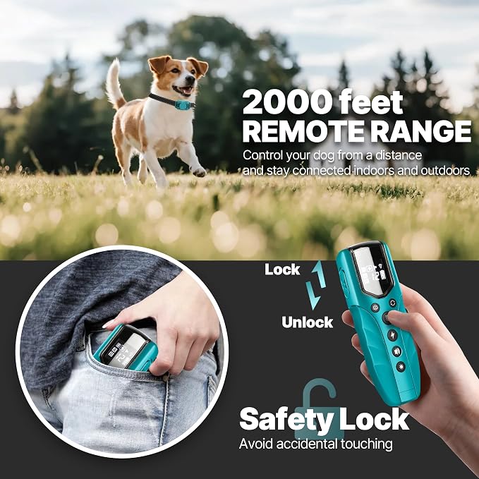 Tiniest Small Dog Shock Collar, Lightest Dog Training Collar with 2000ft Remote, Tailored for Small Dogs 5-15lbs & Medium Large Dogs, Beep, Vibrate, Shock, Lighting, Waterproof, Rechargeable，Cyan