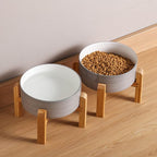 Elevated/Raised Dog Bowl Ceramic with Wood Stand for Medium Large Breed,Dog Food Water Dish Heavy Weighted,8 in Non Slip Modern Cute Porcelain Pet Bowl Extra Large Grey White
