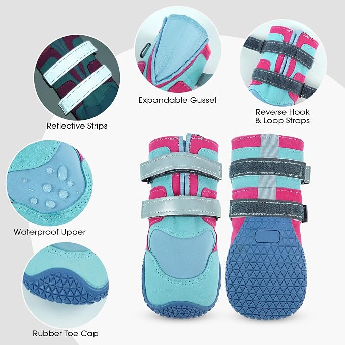 FUAMEY Waterproof Dog Boots, Dog Booties to Prevent Licking, Puppy Shoes | Reflective design, rugged rubber outsole, hiking trails, snowy paths, muddy roads, winter snow, 4 PCs