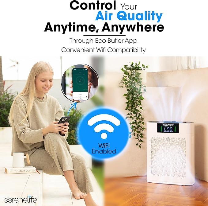 SereneLife HEPA Air Purifier for Home – Smart WiFi & App Control, Ultra-Quiet Air Purifier for Bedrooms & Large Rooms, Removes Dust, Pet Hair & Odors, Ideal for Pets & Allergies (1,800 Sq Ft, White)