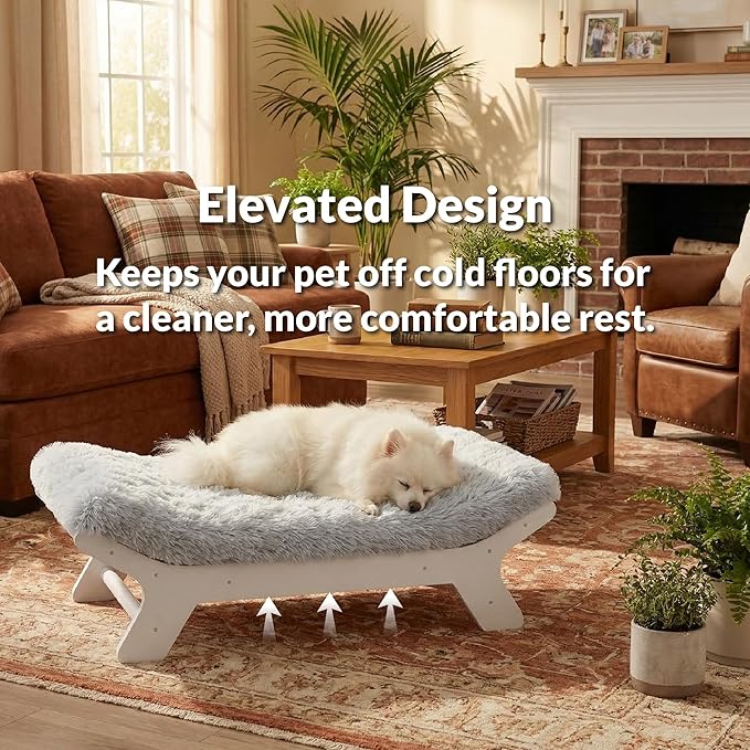Muihood Elevated Wooden Dog Bed with Foam Mattress, White, X-Large | Raised Dog Bed with Washable Cover, Supportive Foam Mattress, Perfect for X-Large Dogs and Indoor Living
