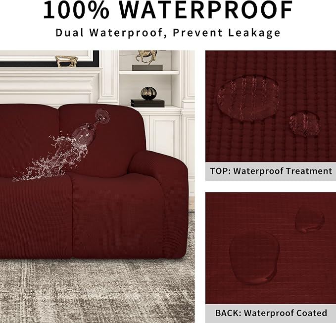 Easy-Going 100% Dual Waterproof Recliner Loveseat Cover, 6-Pieces Stretch Relining Sofa Cover with Pocket, Jacquard 2 Seat Sofa Slipcover Leakproof Washable (Loveseat, Wine)