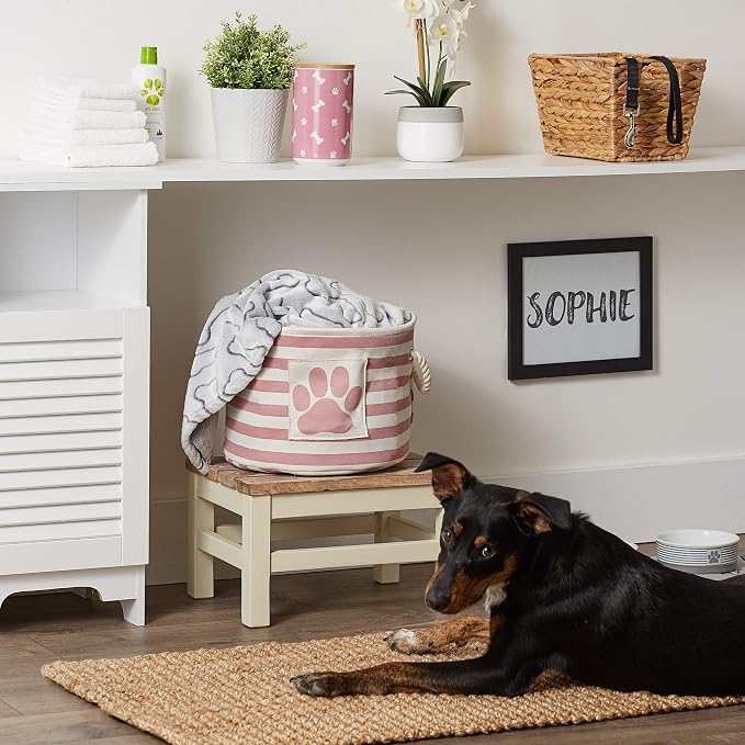 Bone Dry Pet Storage Collection Striped Paw Patch Bin, Rose, Small Round
