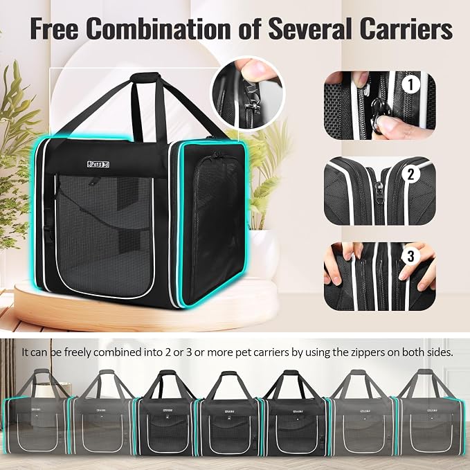 Petskd Combinable Pet Car Travel Carrier for a Large Cat/Medium Dog | 18"Lx17"Wx17"H, Small Pet Soft Carriers, Food Bag & Bowl Included, Lockable Safety Zippers, For Car Travel, Vet, Camping