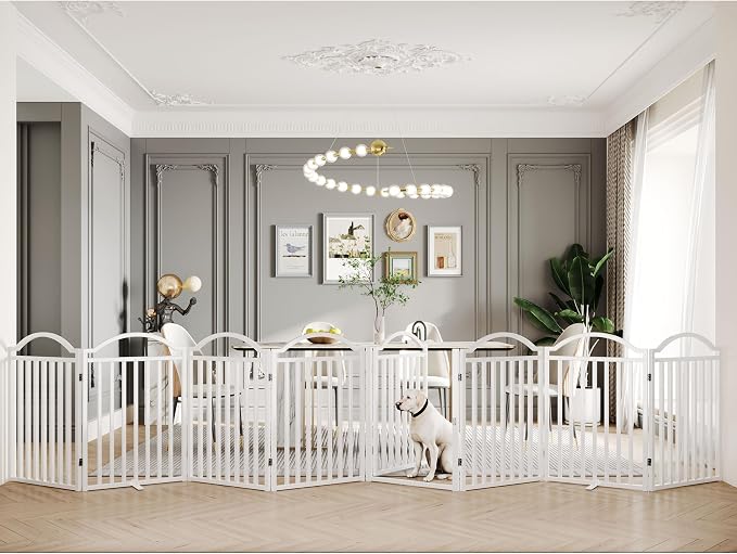 BHG Metal No-Assembly Freestanding Dog Gate with Door Walk Through, Extra Wide 96", Extra Tall 32" Pet Gate, Accordion Puppy Folding Playpen Dog Fence, with 4PCS Support (White, 8 Panels)