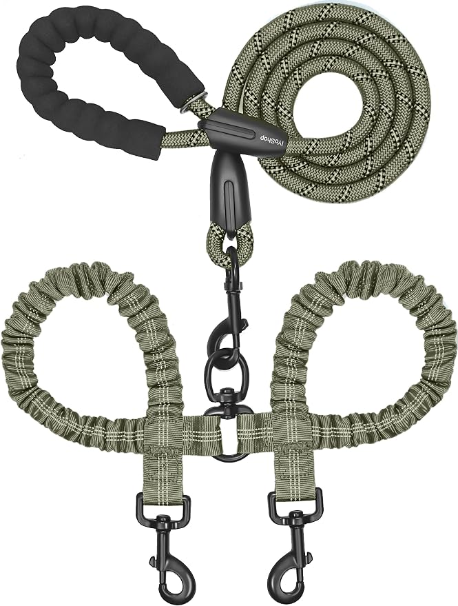 iYoShop Dual Dog Leash - 360° Swivel, No Tangle Walking Leash with Shock Absorbing Bungee for Two Dogs (Large, 25-150 lbs, Military Green)