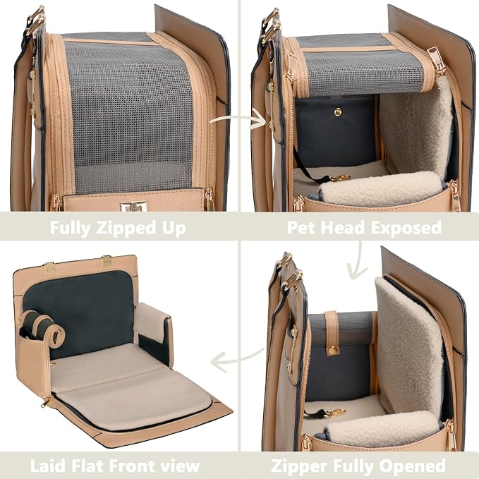 2-in-1 Stylish Dog Purse Carrier Soft-Sided Carriers Travel Tote Bag for Small Dogs Cats, Fashion Foldable Pet Bag for Puppies Small Animals with Pockets (Khaki, 15" L x 7.5" W x 12.2" H)