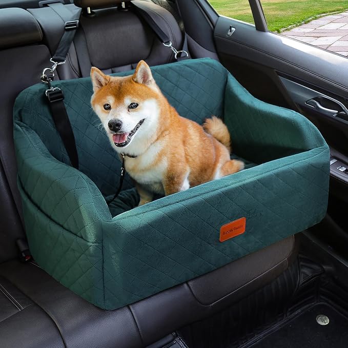 Lealchum Dog Car Seat for Medium/Large Dogs,2 Clip-On Safety Leashs for 2 Small Dogs,Removable and Washable Comfy Pet Car Seat,Easy to Install and Clean (Green, Large)