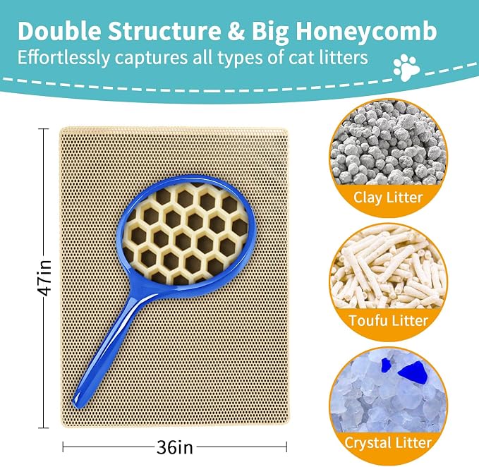 XXL Cat Litter Mat Litter Trapping Mat, 47x36in Litter Box Mats Extra Large | 2-Layer Honeycomb Litter Rug with 1.2cm Sifting Holes to Less Mess, Waterproof, Keeps Floor Clean.Mengbu(Khaki:47"x36")