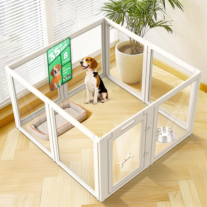 FXW AuraSpace Clear Acrylic Indoor Dog Playpen, 35" H, 8 Panels, White | Open View, Modern Home Fit, No Climbing Bars, Tool-Free Setup, For Medium Dogs