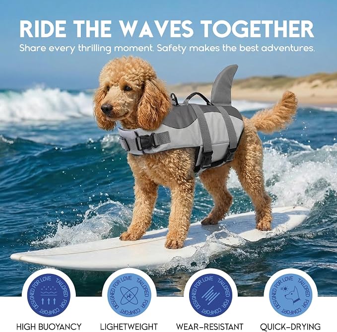 ASENKU Dog Life Jacket - Pet Safety Vest for Swimming & Boating, Shark Life Jacket with Floatation, Dog Lifesavers Swimsuits for Small Medium Large Dogs (Grey, L)