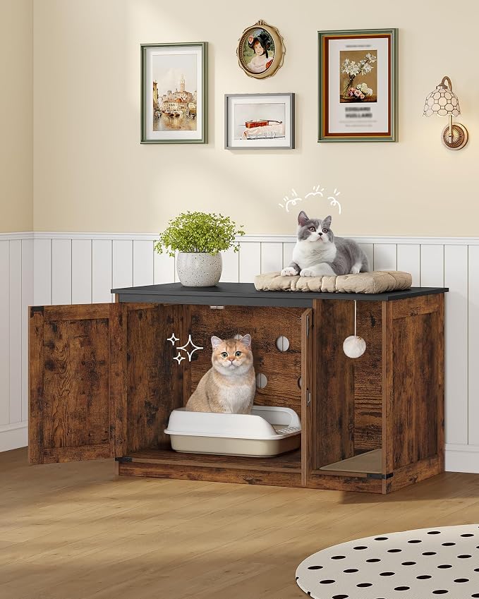 Hzuaneri Cat Litter Box Enclosure, Hidden Litter Box Cabinet Furniture | Indoor Cat House with Bell, Farmhouse Style, 31.5 x 19.7 x 20.9 Inches, for Hallway, Bedroom, Rustic and Black CB85201X