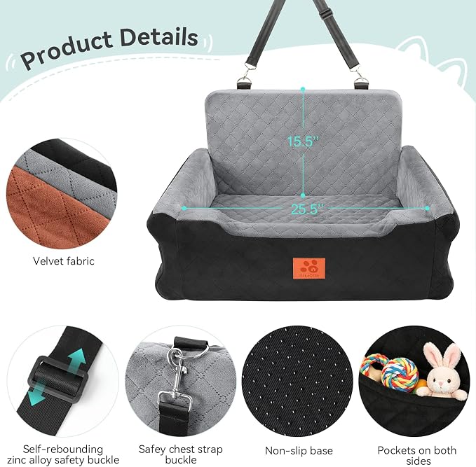 XIEEAOZEE Dog Car Seat for Large/Medium Dogs Up to 55 lbs, Soft Fabric Car Dog Bed Filling Memory Foam, Removable and Washable Pet Booster Carseat with 2 Safety Leashes, Thick Cushion (Black/Gray)
