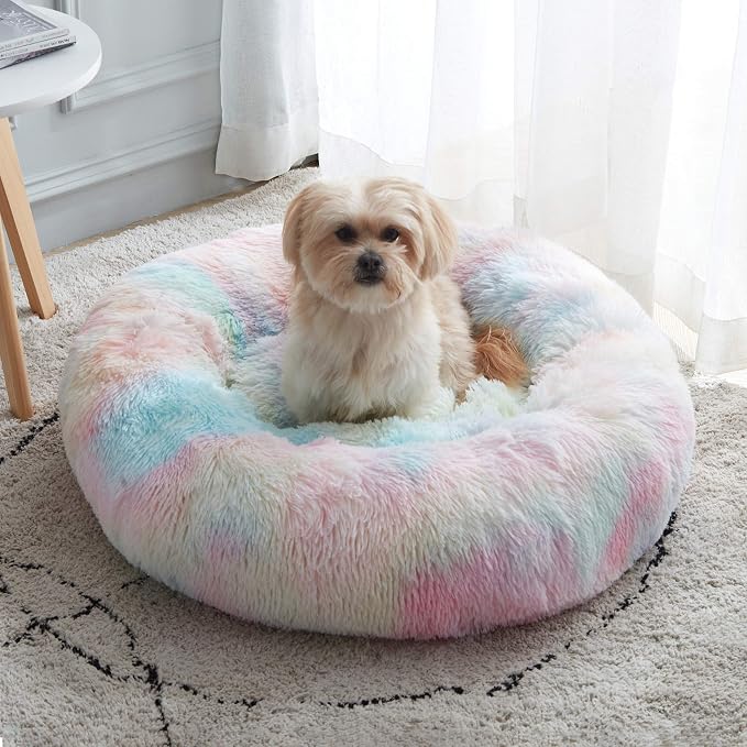 Western Home Calming Donut Small Medium Pet Dog Bed Washable,27" Rainbow | Fluffy Faux Fur Round Cuddler,Anti-Anxiety,Anti-Slip Bottom,Plush Pet Dog Beds for Small Medium Sized Dogs,Up to 35 LBS