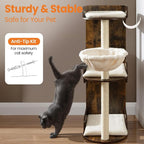44.8in Modern Wood Cat Tree Tower for Indoor Large Cats with Perch | Multi-level Big Platforms, Sisal Scratching Posts, Cozy Hammock, Washable Pads, Ideal for Windows and Corners, Rustic Brown