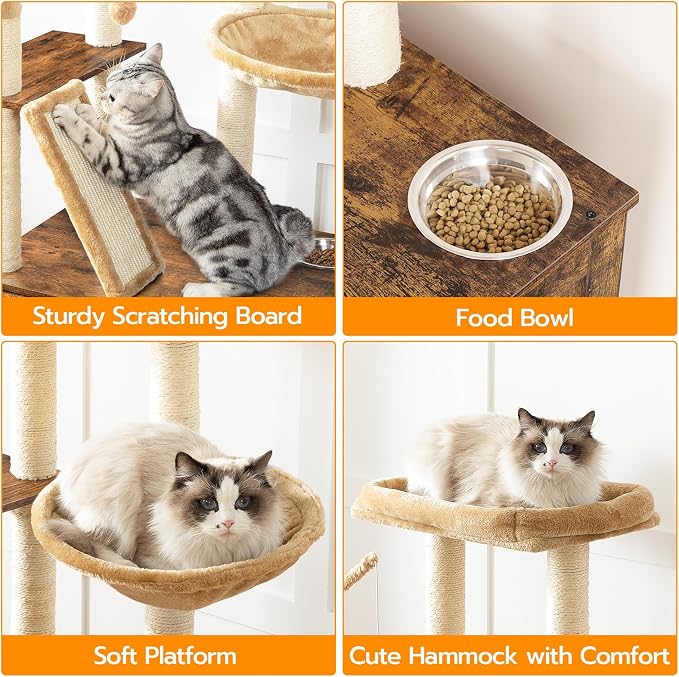 HOOBRO Cat Tree with Litter Box Enclosure, 44" Tall Wooden Cat Tower with Scratching Posts, Cat Hammock, Hidden Litter Box Furniture, All-in-One Indoor Cat Condo, Rustic Brown FG48MZ03