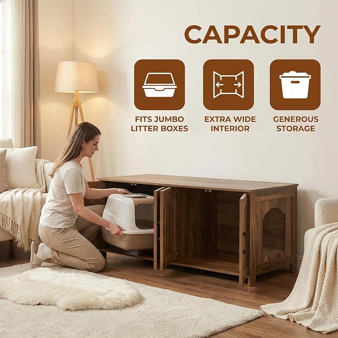 Homhedy 47.2”L Cat Litter Box Enclosure for 2 Cats, Rustic Walnut | Wooden Litter Box Furniture Hidden with Double Room, Cat Washroom, Cat House, Dog-Proof, TV Stand,Farmhouse Style