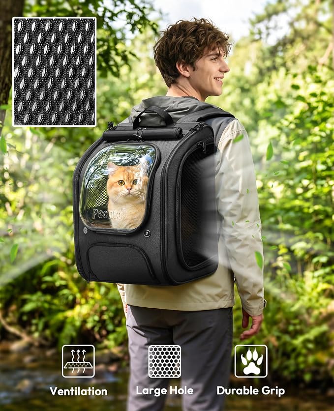 Pecute Cat Backpack Carrier,Large Space Dog Bubble Backpack,Ergonomic,Black | Bubble Transparent Window,Sunshade Curtain,Safety Rope,Sturdy,Large Mesh for Breathability,Suitable for Outdoor,Vet