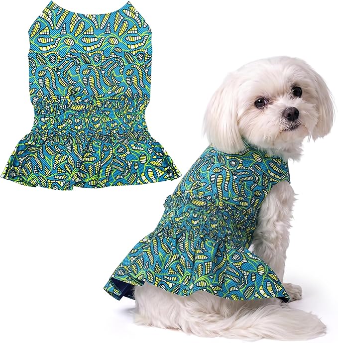 Parisian Pet Tribal Dog Dress - Summer Clothes for Small Dogs Girl - Ruched Waist Pet Dress - Stylish Printed Beach Dog Outfit - Lightweight Puppy Clothes - Sleeveless Dresses for Dogs