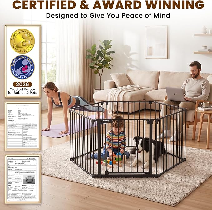 Mumeasy 150" Extra Wide Baby Gate, Play Yard Long Dog Gate for Doorways | Pet Gate Auto Close Walk Thru Door, Adjustable Large Child Safety Fence Gate for House Fireplace Outdoor,6 Metal Panels,Black