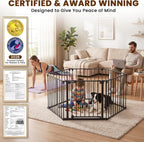 Mumeasy 150" Extra Wide Baby Gate, Play Yard Long Dog Gate for Doorways | Pet Gate Auto Close Walk Thru Door, Adjustable Large Child Safety Fence Gate for House Fireplace Outdoor,6 Metal Panels,Black